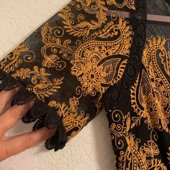 Anthropologie Jacguin Embroidered Elegant Black Gold Lace Midi Dress Size 2 - Picture 11 of 13